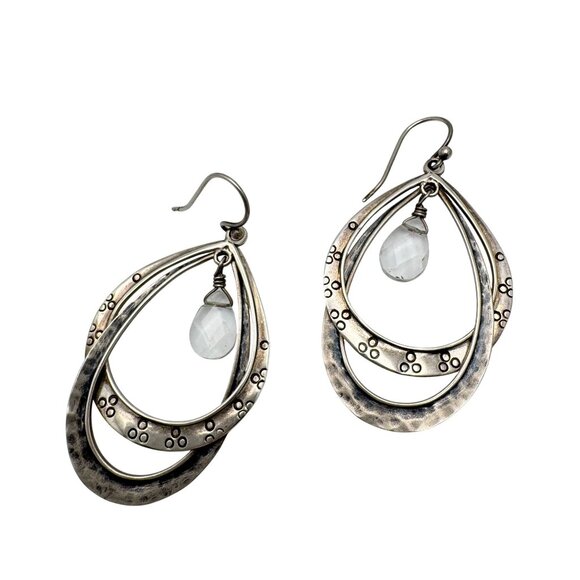 Silpada Sterling Silver Double Hoop Earrings Clear Crystal Dangle Etched Design - Picture 1 of 7